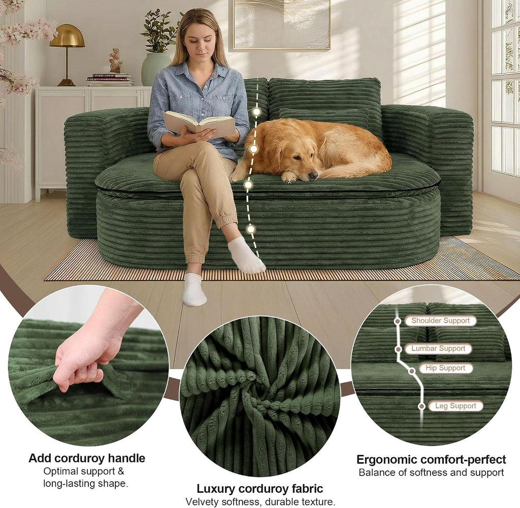 75'' Folding Sleeper Sofa Bed, Convertible Memory Foam Boneless Couch, Foldable Full Size Guest Bed, Modern 2-in-1 Futon Floor Sleeper Sofa with 4 Pillows and Blanket (Corduroy, Green)