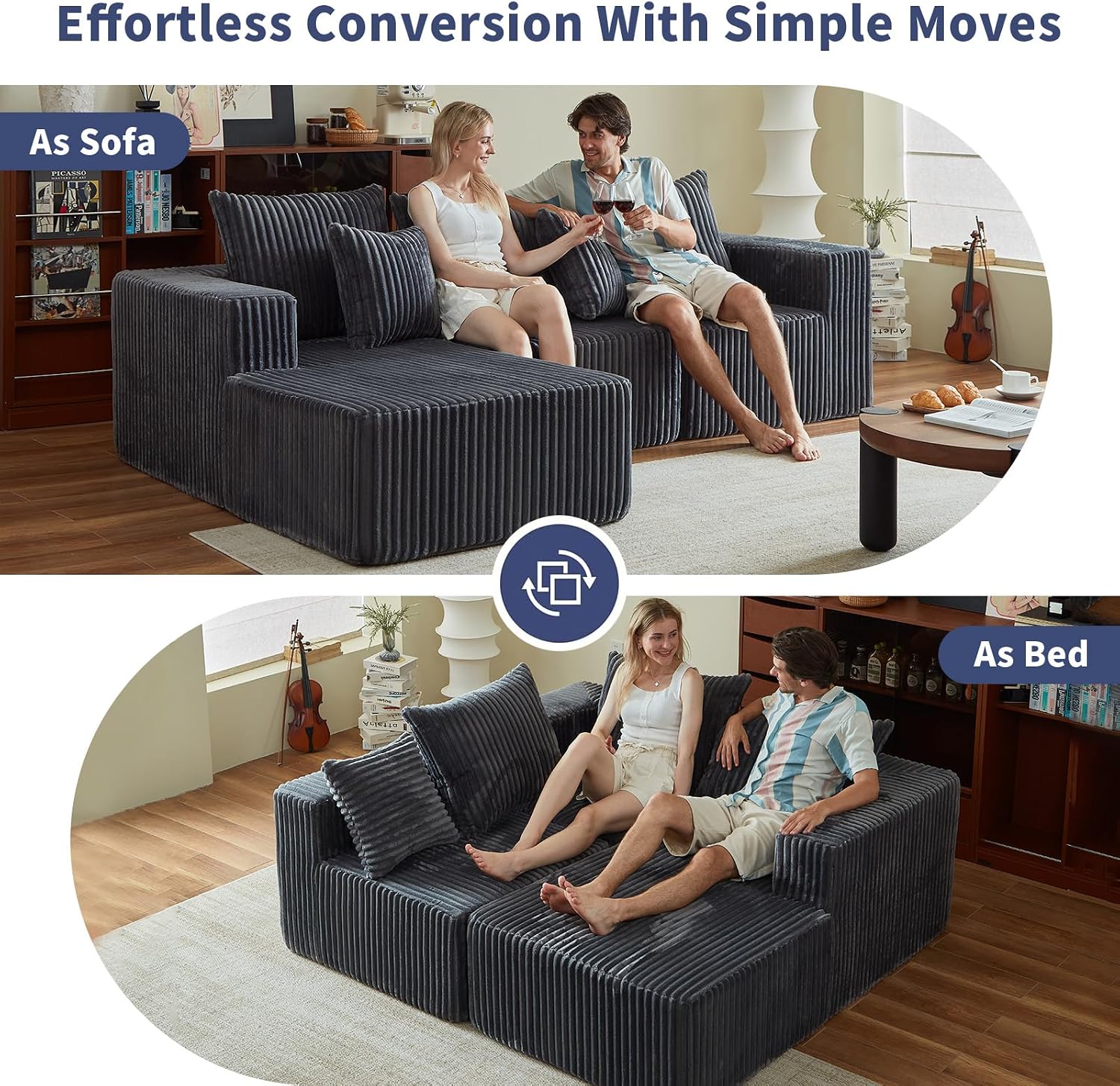 Boneless Couch for Living Room-102 Cloud Couch with Deep Seat,L-Shaped Comfy Sofa for Bedroom,Compressed Sofa in a Box,No Assembly Required(Corduroy,Grey)