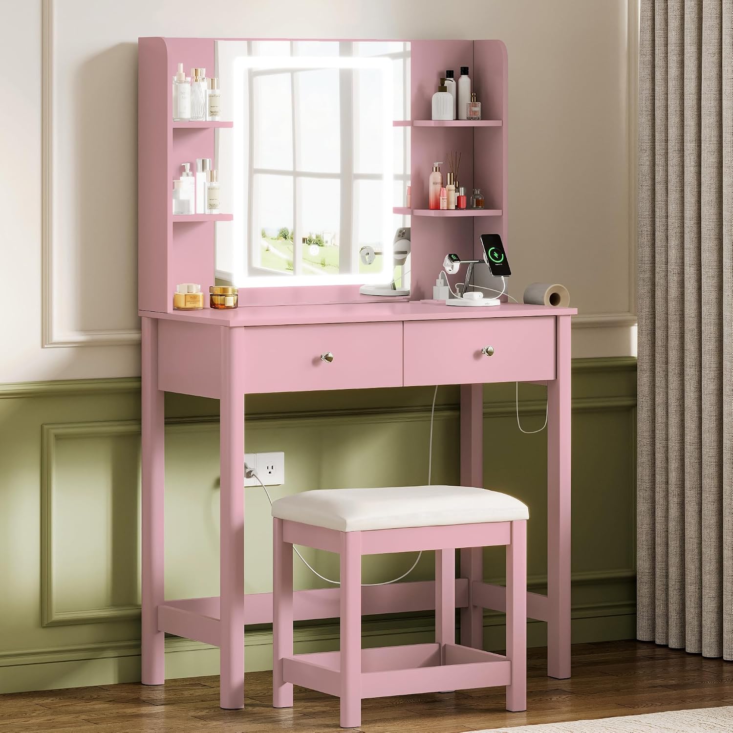 Vanity Desk with Mirror and LED Lights, Small Makeup Vanity Table Set with Drawers and Chair, Dressing Table with Power Outlet for Girls Bedroom, Pink