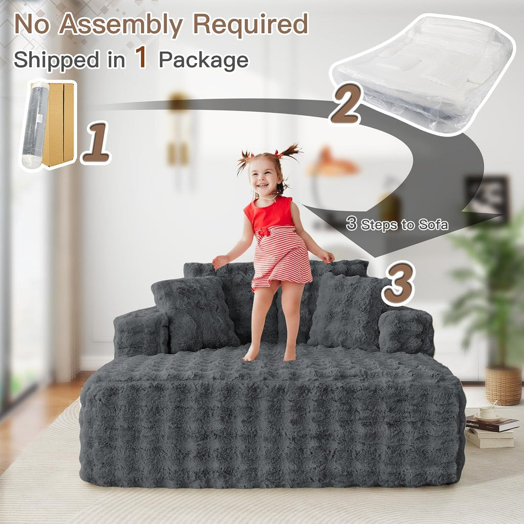 JEEOHEY 56' W Oversized Chaise Lounge Chair Indoor,Plush Faux Fur Sleeper Couch Sofa Bed with Pillows,Fluffy Comfy Cloud Sofa,Compression Foam Boneless Couch for Living Room,Bedroom(Bubble, Grey)