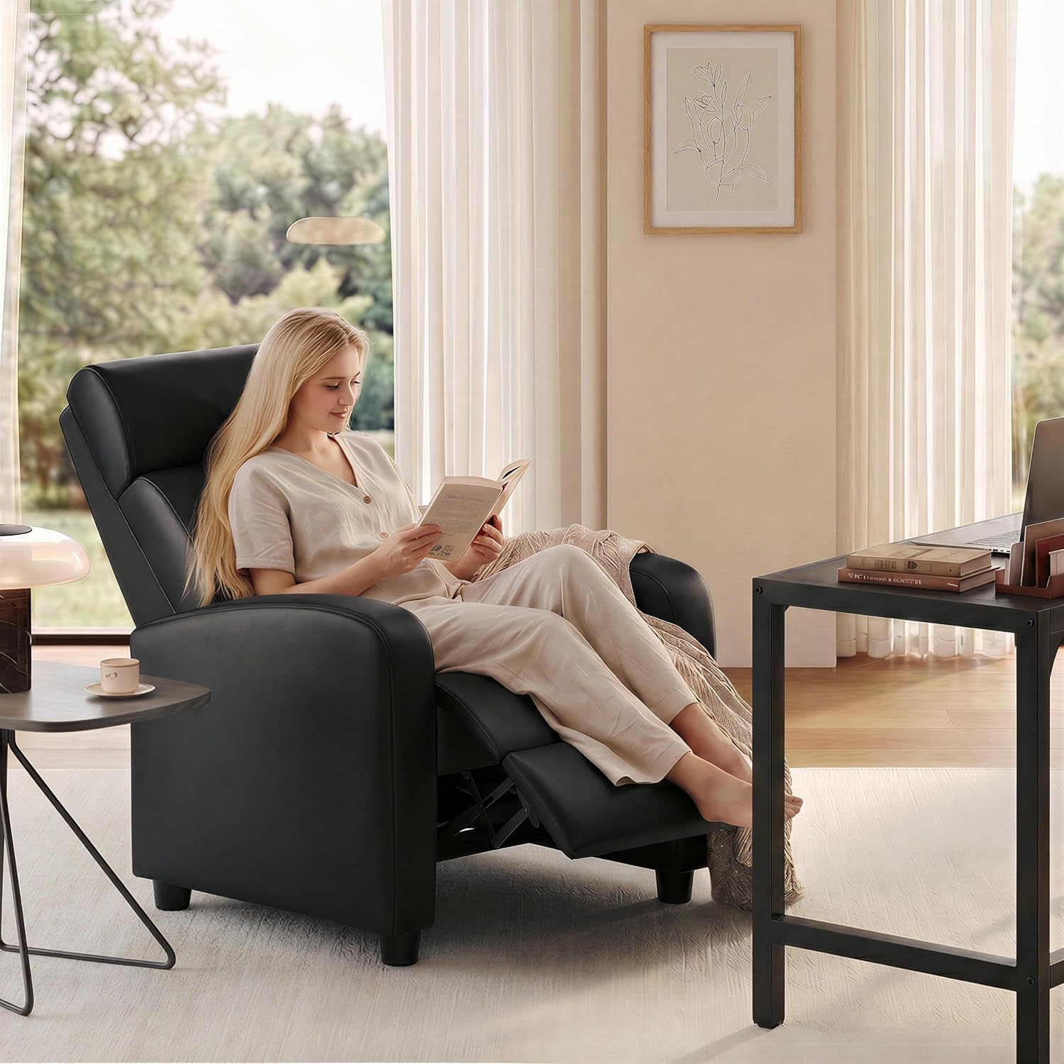 Yaheetech Recliner Chair PU Leather Recliner Sofa Home Theater Seating with Lumbar Support Overstuffed High-Density Foam & Pocket Springs, Push Back Recliners Armchair for Living Room
