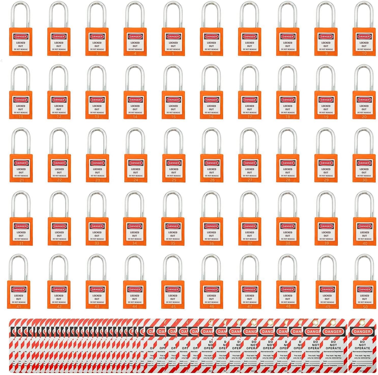 SAFBY 50 Keyed Different Lockout Tagout Locks with 50 Lock Out Tag Out Tags - Loto Safe Padlocks for Lock Out Tag Out Stations and Devices (1-50 Orange), SB30LC