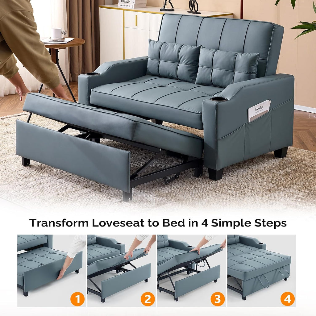 VINGLI Blue Grey Futon Sofa Bed Convertible Loveseat Sleeper Couch, Faux Leather Pullout Sofa Fold Out Couch Bed with USB Ports, Cup Holders, Armrest for Living Room, Bedroom Apartment Room