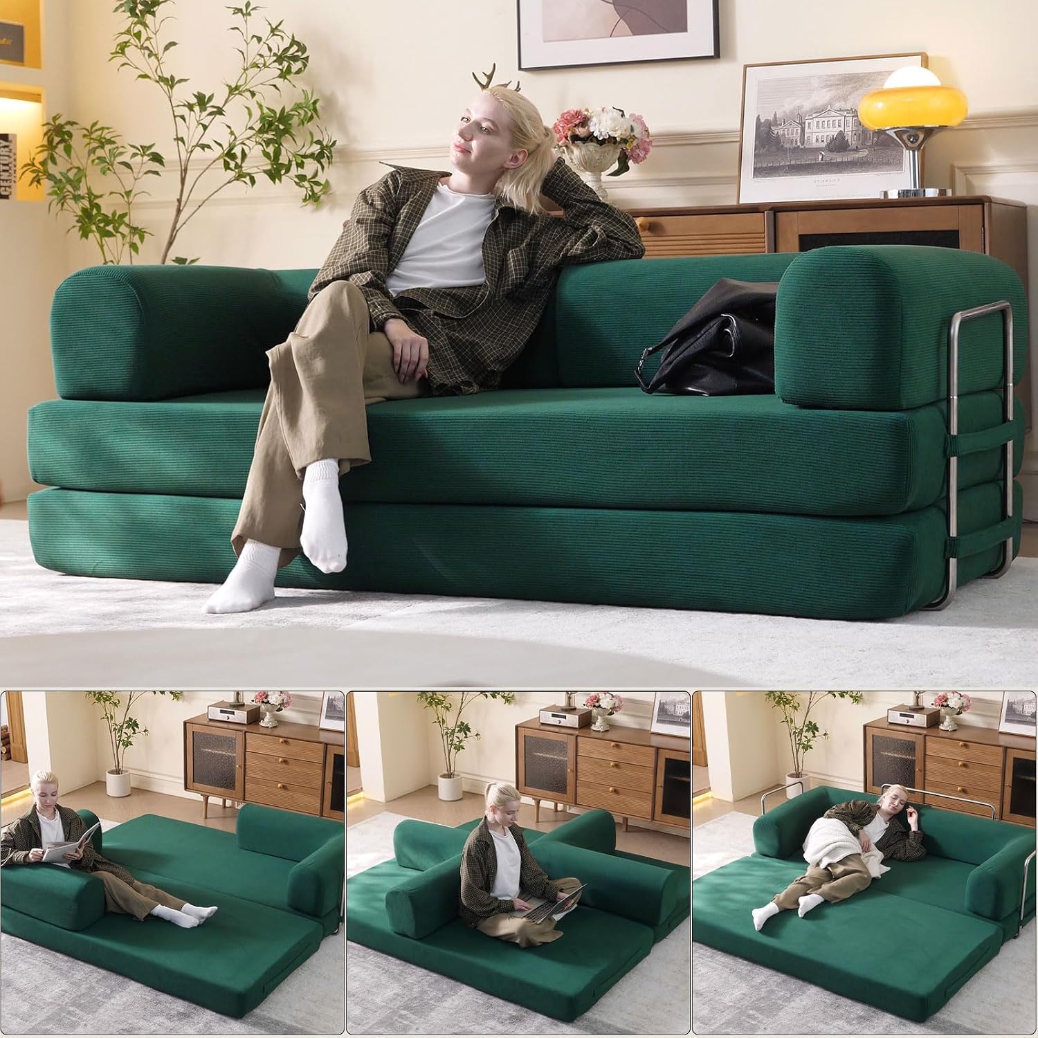WHGBJA 79' Convertible Sleeper Sofa Bed with Cylindrical Pillow, Corduroy Folding Mattress Couch with Fixed-Shape Frame, Floor Sofa Lounge Couch for Living Room Bedroom Lounge Studio (Green)