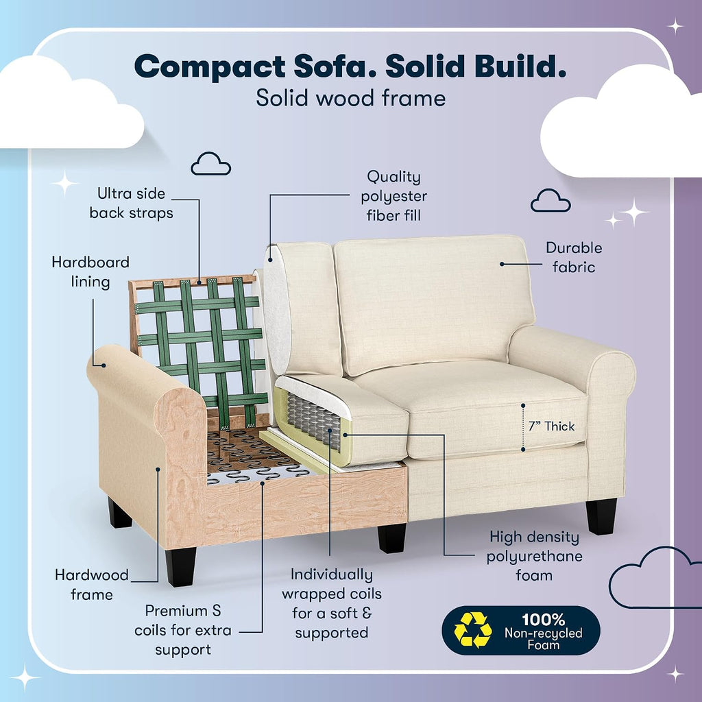 Serta Copenhagen Small Loveseat Sofa, 61 Inch Couch with Rolled Arms, Pocket Coil Seat Cushions, Removable Covers, Easy Care Polyester Upholstery for Living Room, Bedroom or Office, Buttercream
