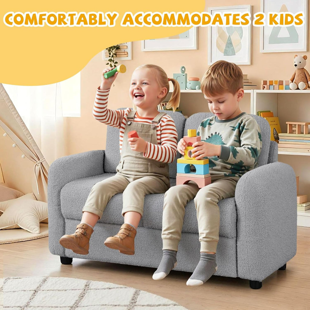 Costzon Kids Couch, 2 Seat Toddler Armrest Chair w/Teddy Fleece Upholstery & Solid Wooden Frame, Double Seat Children's Sofa for Preschool, Bedroom, Playroom, Daycare, Ideal Gift for Girls Boys