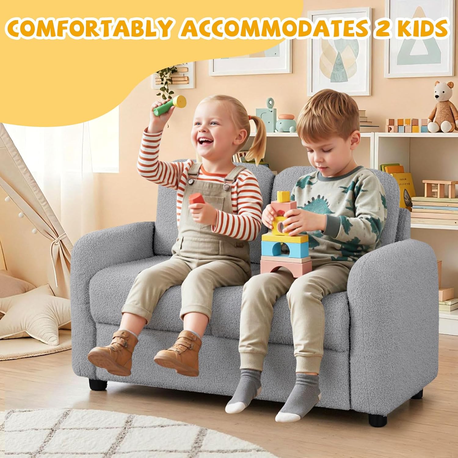 Costzon Kids Couch, 2 Seat Toddler Armrest Chair w/Teddy Fleece Upholstery & Solid Wooden Frame, Double Seat Children's Sofa for Preschool, Bedroom, Playroom, Daycare, Ideal Gift for Girls Boys
