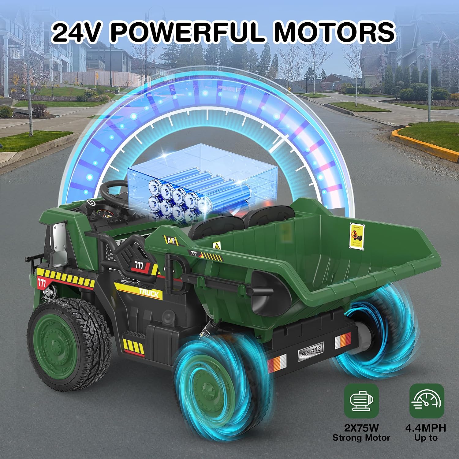 ANPABO 24V Ride On Dump Truck, 2X75W Powerful Motors, Up to 4.4Mph, EVA Tires, Construction Vehicle w/Electric Dump Bed and Extra Shovel, 19' Spacious 2 Seater, Kids Car w/Parent Remote -DarkGreen