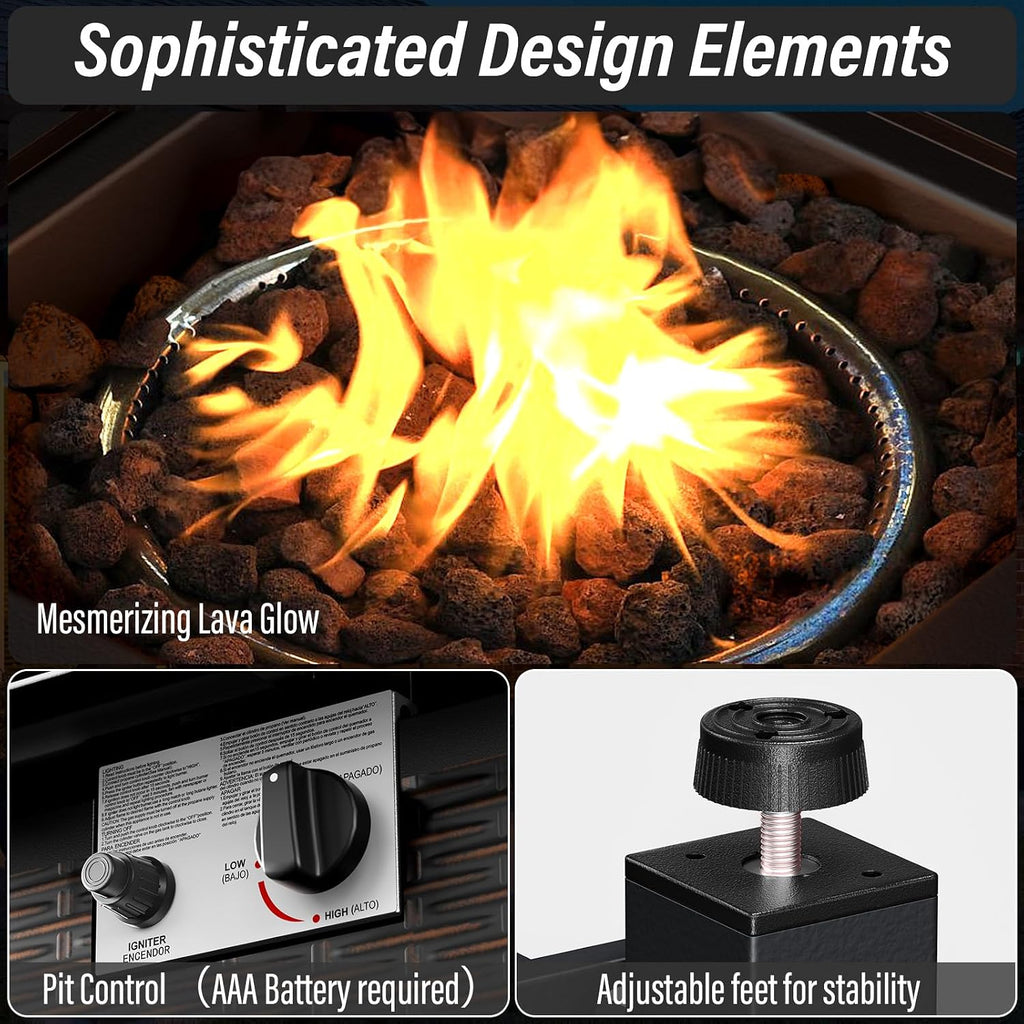 Belord 5 Pieces Patio Furniture Set with 30' Propane Fire Pit Table, Deep Seating Swivel Rocker Glider Outdoor Chairs Set of 4 with Side Table Set of 2 Patio Conversation Set Brown Wicker
