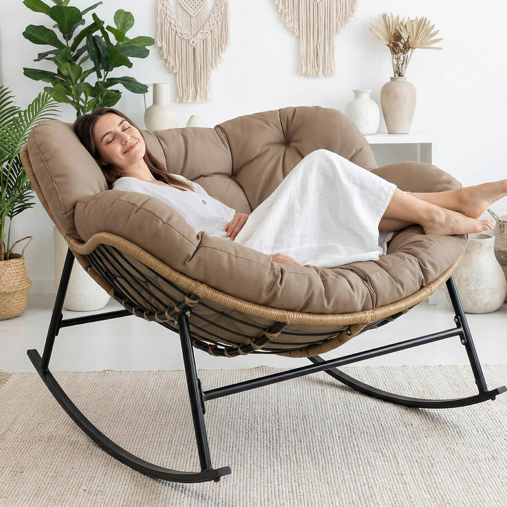 RADIATA Rocking Papasan Chair Outdoor with Cushion, Oversized Extra Large Padded Patio Lounge Chairs, Deep Wide Royal Rocking Chair with 450 lbs Capacity for Backyard, Outside, Garden, Lawn, Brown