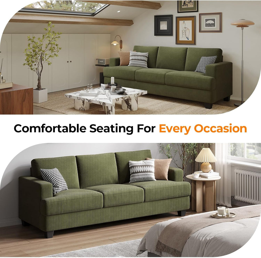 COPIAE 89 Inch Sofa with Extra Deep Seats Oversize, 3 Seater Sofa for Living Room, Modern Couch and Sofa, Comfy Armrests and Seats and Backrests, Easy Installation, Corduroy Fabric Green
