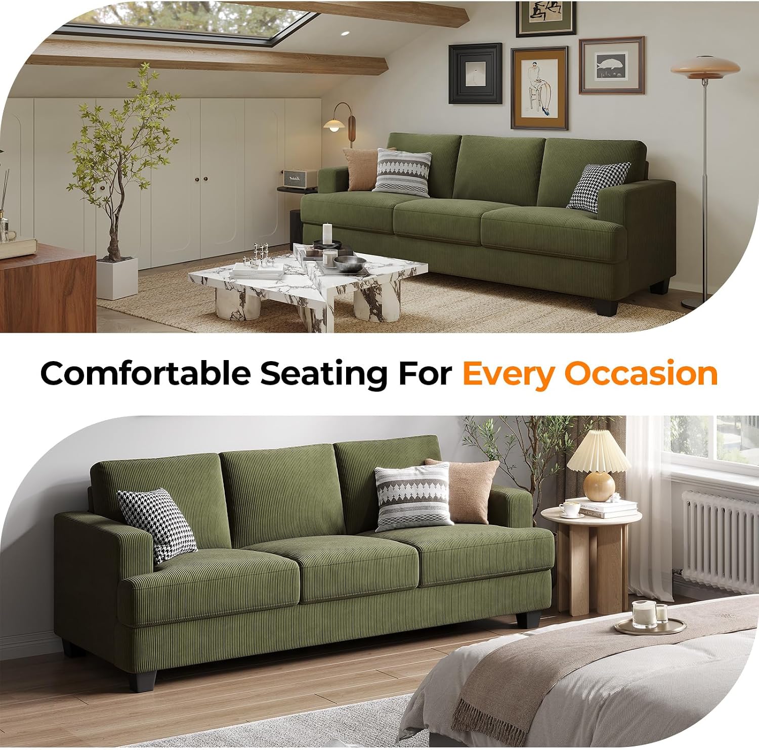 COPIAE 89 Inch Sofa with Extra Deep Seats Oversize, 3 Seater Sofa for Living Room, Modern Couch and Sofa, Comfy Armrests and Seats and Backrests, Easy Installation, Corduroy Fabric Green