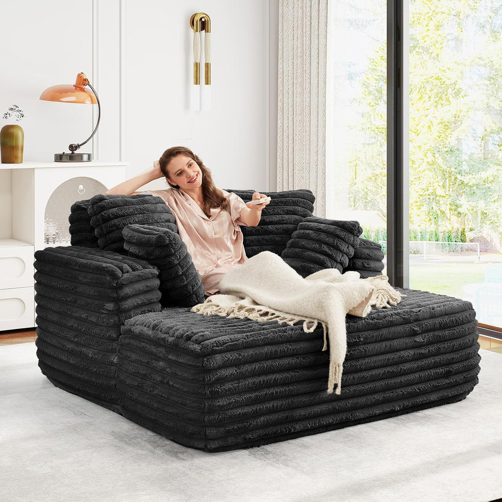 JEEOHEY 56' Oversized Chaise Lounge Chair Indoor,Plush Faux Fur Sleeper Sofa Couch Bed with Pillows&Wide Armrests,Fluffy Comfy Cloud Couch,Compression Foam Couch for Living Room,Bedroom(Black)