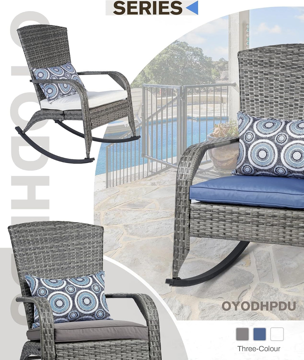 Outdoor Rocking Chairs Set of 2, Patio Rocker Chairs with Cushions & Steel Frame, All Weather Porch Rocking Chairs for Garden, Backyard, Poolside (Grey Rattan & Grey Cushion & Circle Pillow)