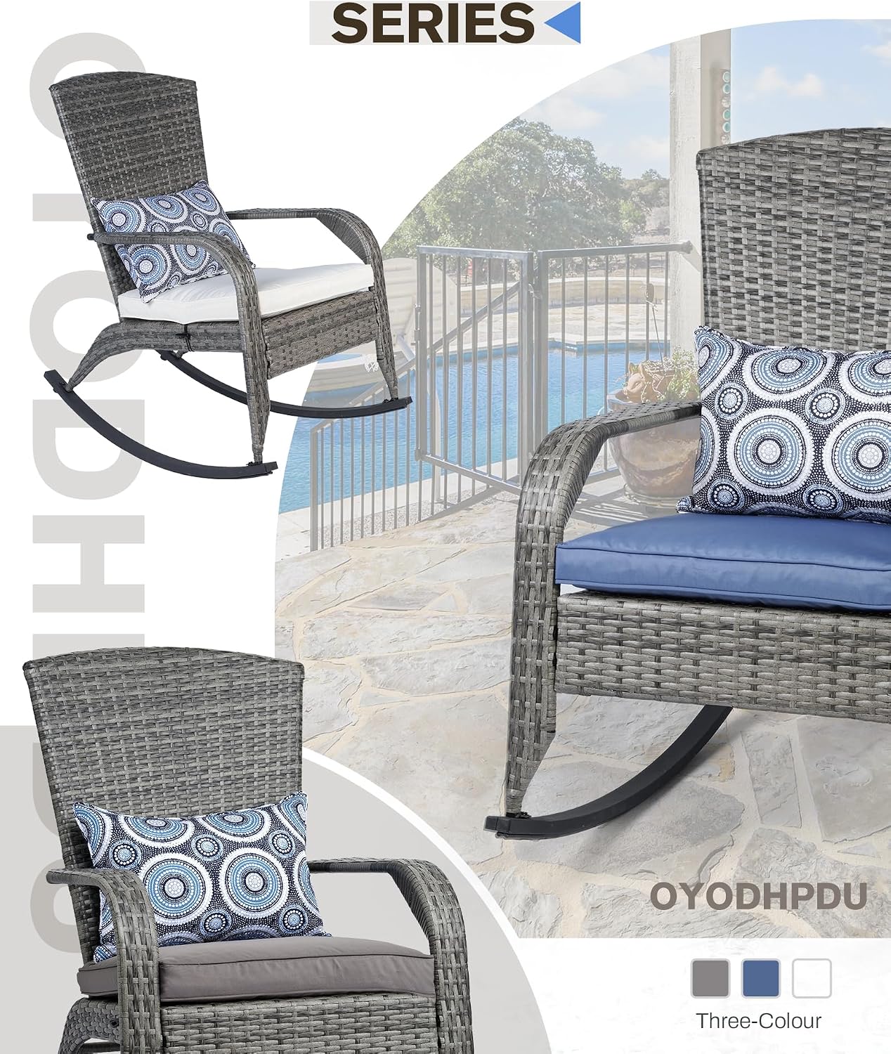 Outdoor Rocking Chairs Set of 2, Patio Rocker Chairs with Cushions & Steel Frame, All Weather Porch Rocking Chairs for Garden, Backyard, Poolside (Grey Rattan & Grey Cushion & Circle Pillow)