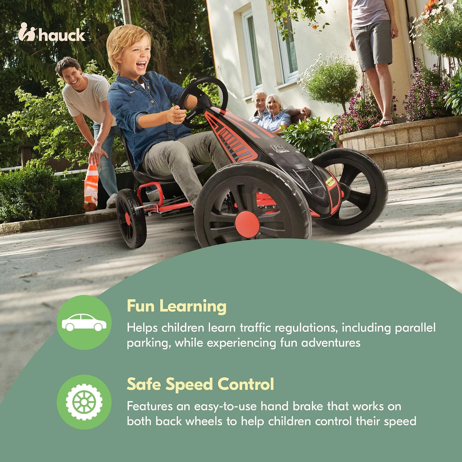 hauck Cyclone Pedal Go Kart with Adjustable Bucket Seat, 12 Inch EVA Foam Plastic Wheels, Handbrake for Rear Wheels - Ride On Toy for Kids 4-10 Years
