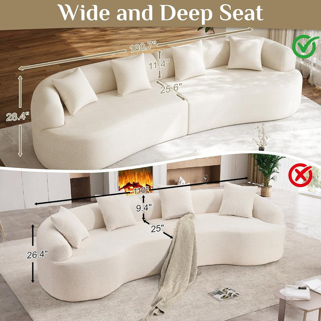131' Oversized Sectional Sofa for Living Room, Modern Luxury Plush Chenille 4-Seater Extra Deep & Wide Seat Curved Cloud Couch with 4 Throw Pillows, No Assembly Needed, Cream White