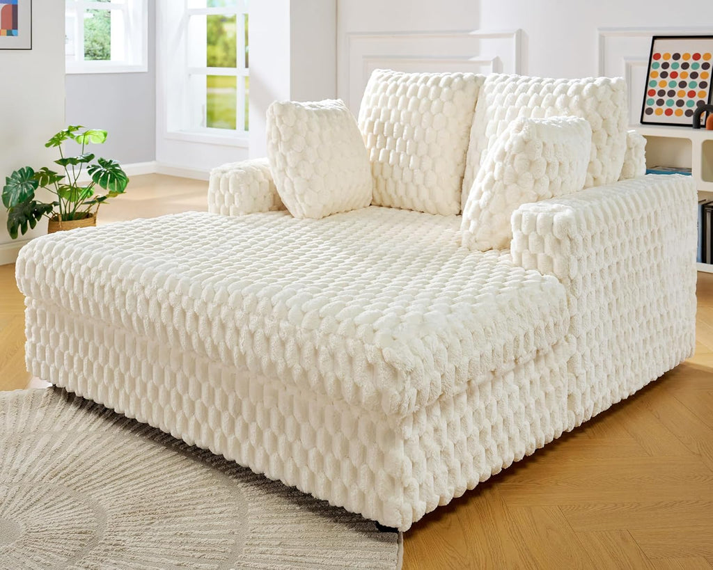 VanAcc 58 Inch Chaise Lounge Indoor, Upholstered Sofa Bed with Throw Pillows and Armrests, Sleeper Bed- Plush Lounge Chair for Living Room, White