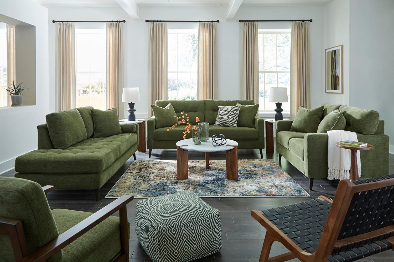 Signature Design by Ashley Bixler Sofa, Mid-Century Modern Sofa with Button-Tufted Back, Durable Foam Cushions, Platform Foundation Support, Polyester Blend Upholstery, Olive