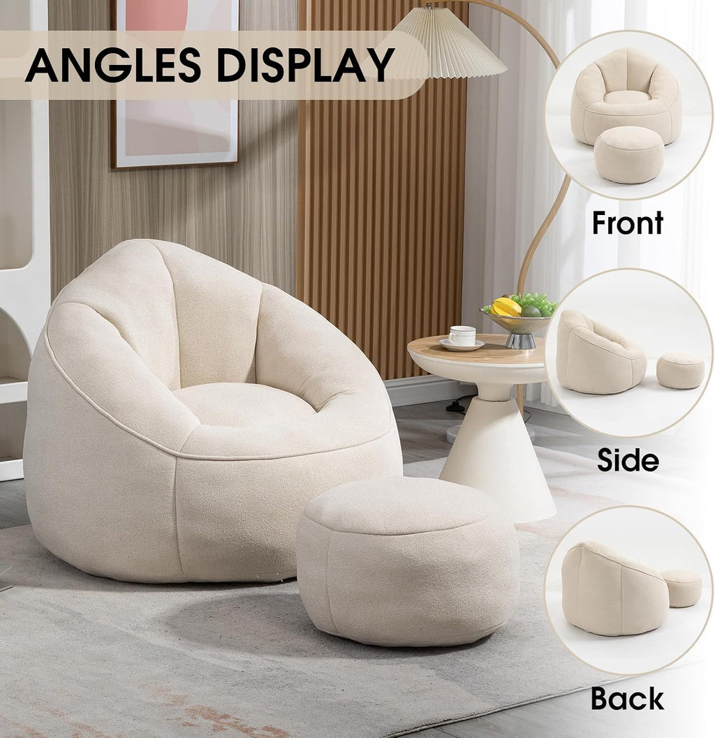 Bean Bag Chair for Adult, Microfiber Upholstered Bean Bag Sofa with Petal Back, Shell-Shaped Beanbag Chair with Footstool, Memory Foam Stuffed Lazy Sofa for Living Room, Bedroom (Beige)