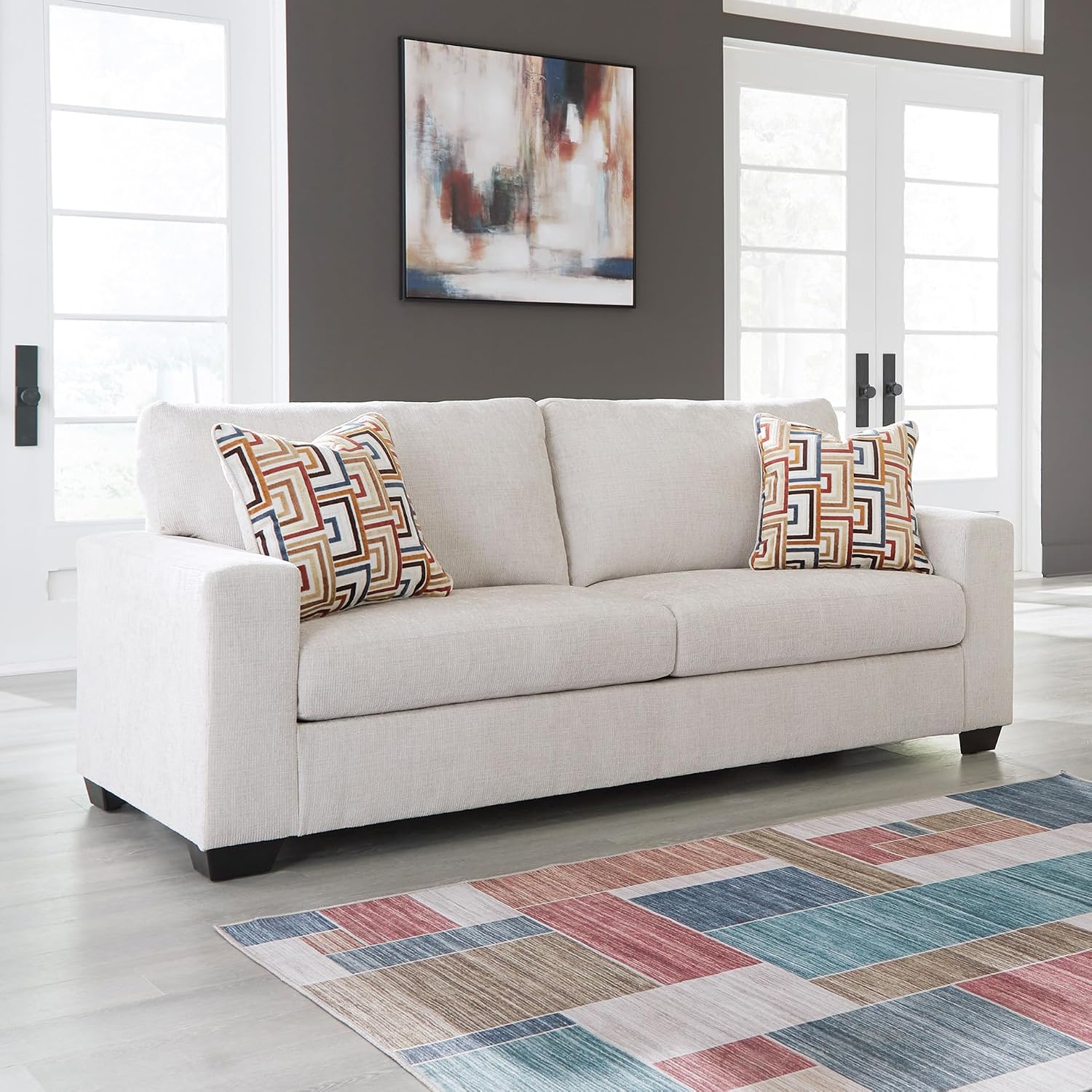 Signature Design by Ashley Aviemore Coastal Sofa Sleeper with Folding Memory Foam Mattress and 2 Accent Pillows, Queen, Beige