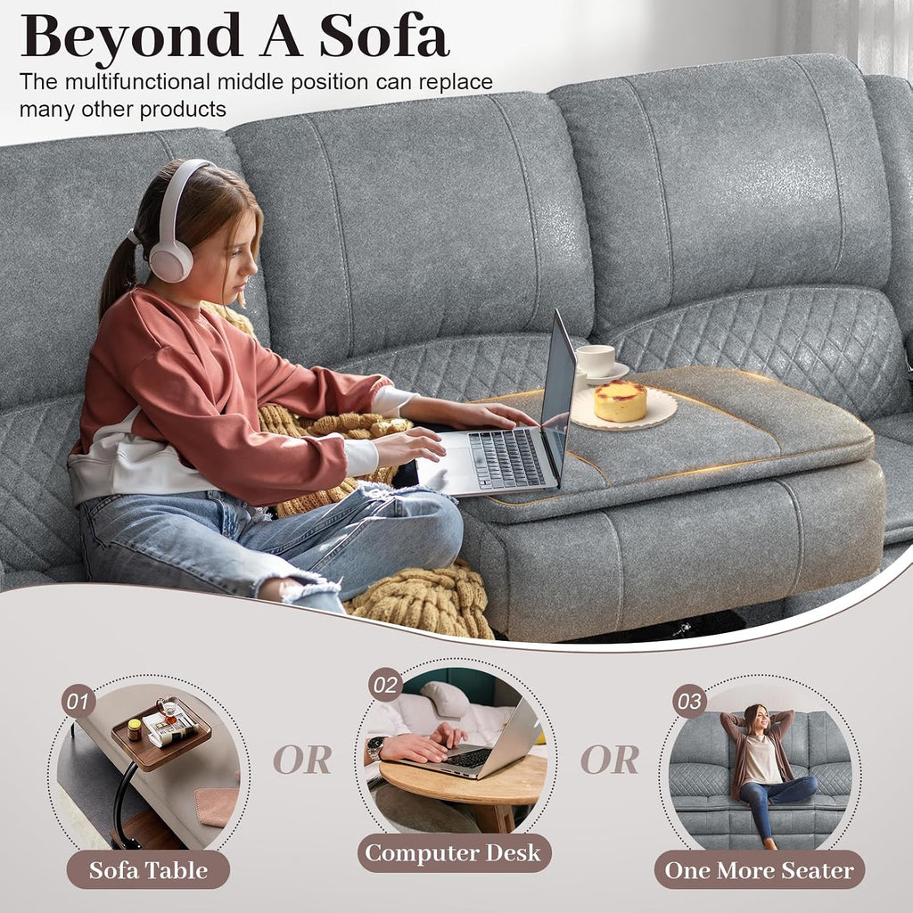 Yolsali 3-Seater Recliner Sofa, Manual Reclining Couch with Multi-Functional Middle Seat, Reclining Sofa for Living Room with Hidden Storage Space, Cup Holders, and Removable Console