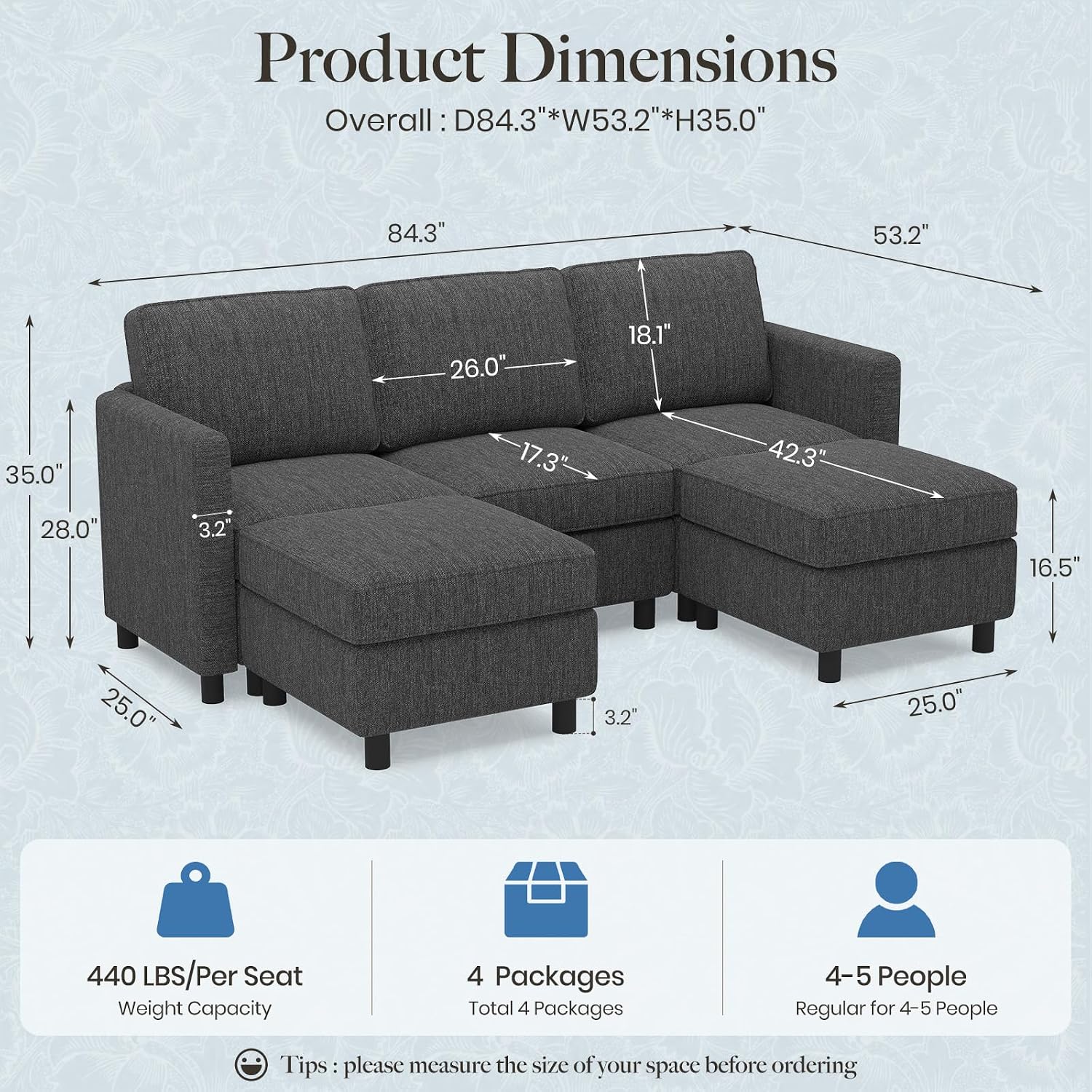 Belffin 84.3' 5 Seats U Shaped Couch Modular Sectional Sofa Washable Sectional Couches for Living Room Comfy Couches with Storage Seat Couch Sofas with Chaise,Dark Grey
