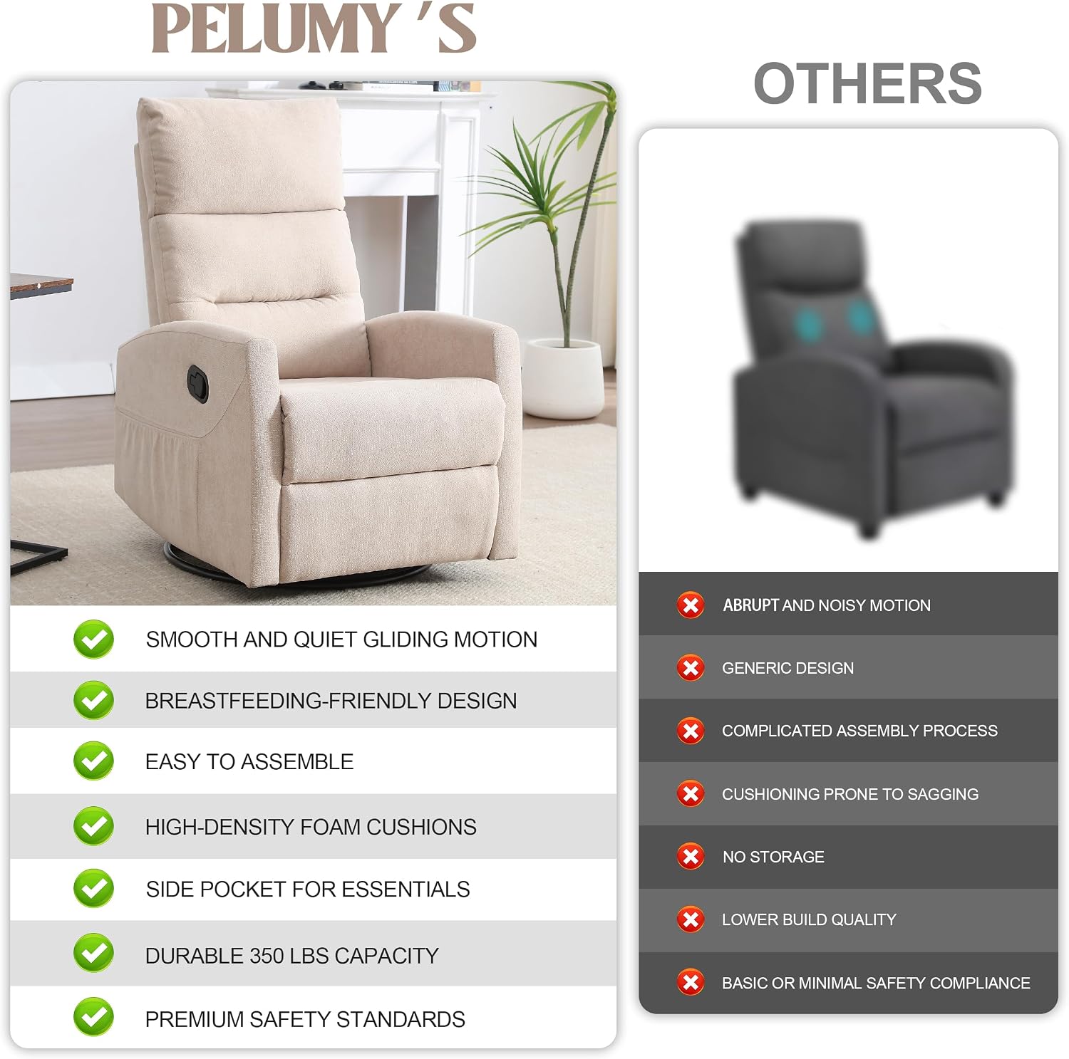PELUMY Manual Recliner Chair, 360° Swivel Glider and Rocker Recliner with 155° Recline, Compact Fabric Recliner for Small Space, Nursery, Living Room, Bedroom, No Tools Assembly (Beige)