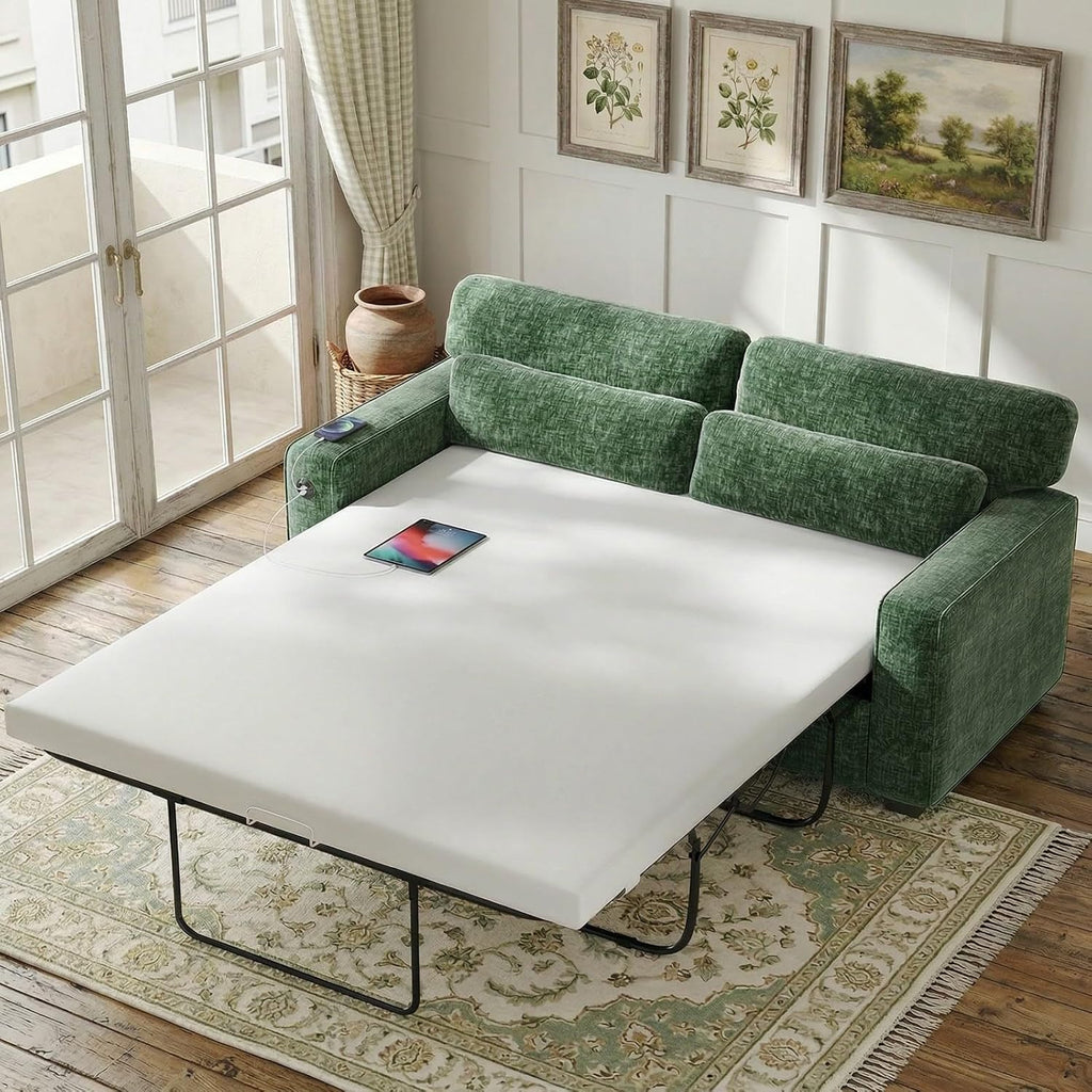 Marsail Pull Out Sofa Bed, Full Size Sleeper Sofa with Memory Foam Mattress, 2 USB Charging Ports & Removable Covers, Chenille Loveseat Couch for Living Room, Apartment, Green
