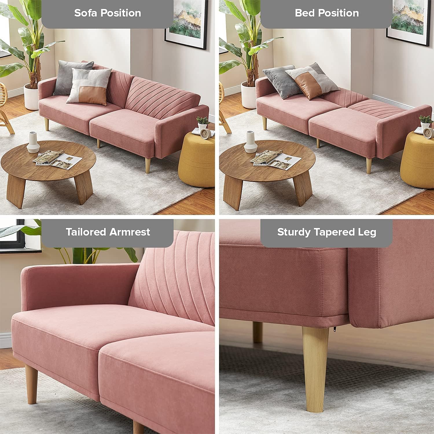 mopio 76.4' Futon Sofa Bed, Couch, Loveseat, Sleeper Sofa, Mid Century Modern Futon Couch, Sofa Cama, Couches for Living Room (Old Rosa Velvet)