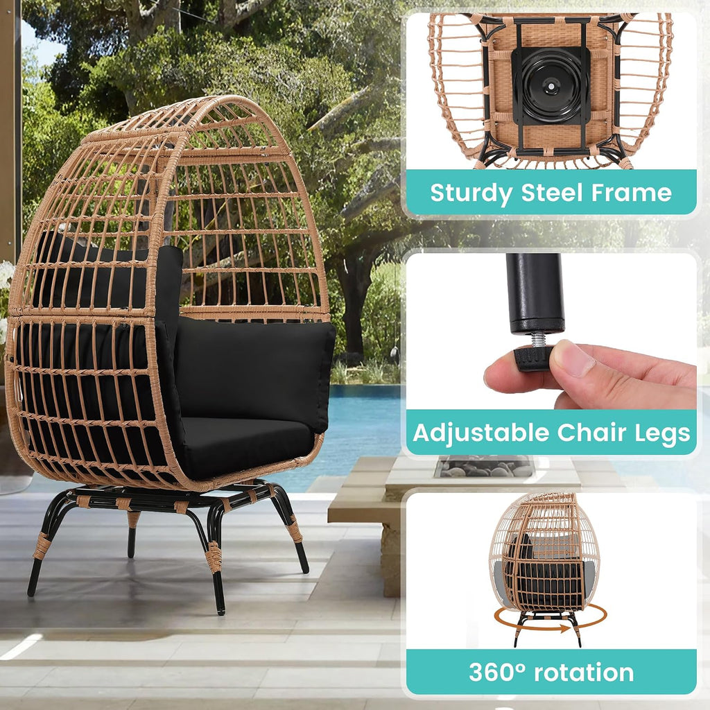 Murago Oversized 360° Swivel Rattan Egg Chair for Adult, Indoor Outdoor Patio Large Wicker Egg Chair with Overstuffed Cushions, 440lb Weight Capacity, Natural Rattan with Black Cushion