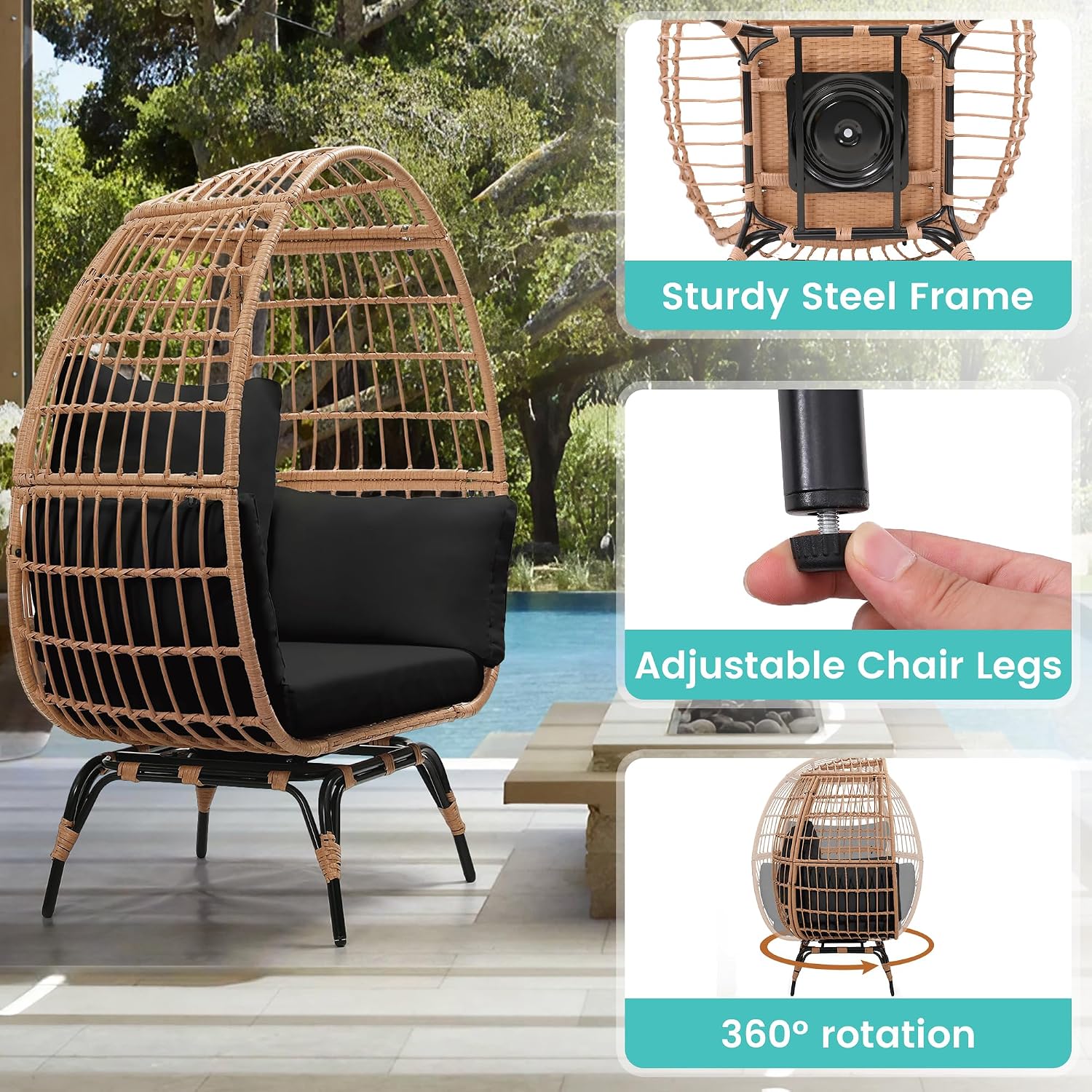 Murago Oversized 360° Swivel Rattan Egg Chair for Adult, Indoor Outdoor Patio Large Wicker Egg Chair with Overstuffed Cushions, 440lb Weight Capacity, Natural Rattan with Black Cushion