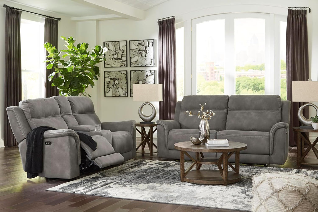 Signature Design by Ashley Next-Gen DuraPella Power Reclining Sofa, USB, Extended Ottoman, Water Repellent Faux Leather, 80' W x 42' D x 42' H, Slate Gray