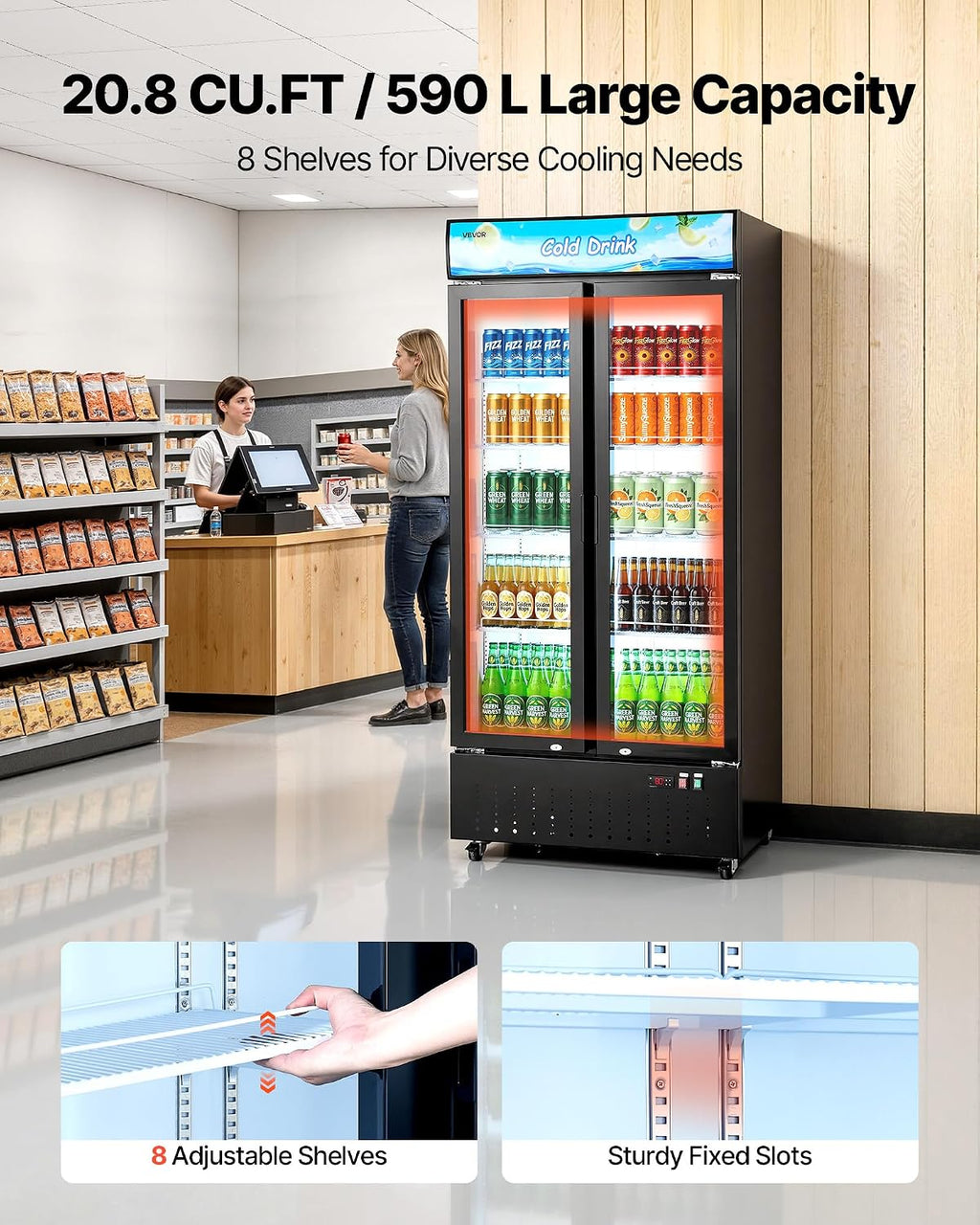 VEVOR Commercial Merchandiser Refrigerator, 20.8 Cu.Ft / 590L Upright Beverage Cooler, 2 Glass Door Display Refrigerator with Customizable Lightbox, 8 Adjustable Shelves, Soft LED Lighting & Casters