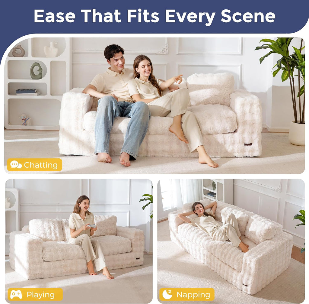 MAXYOYO 3 Seater Sofa for Living Room, Tufted Boneless Couch Bubbled Sofa Couch, Comfy Bean Bag Chair for Bedroom Apartment, No Assembly Needed, Beige