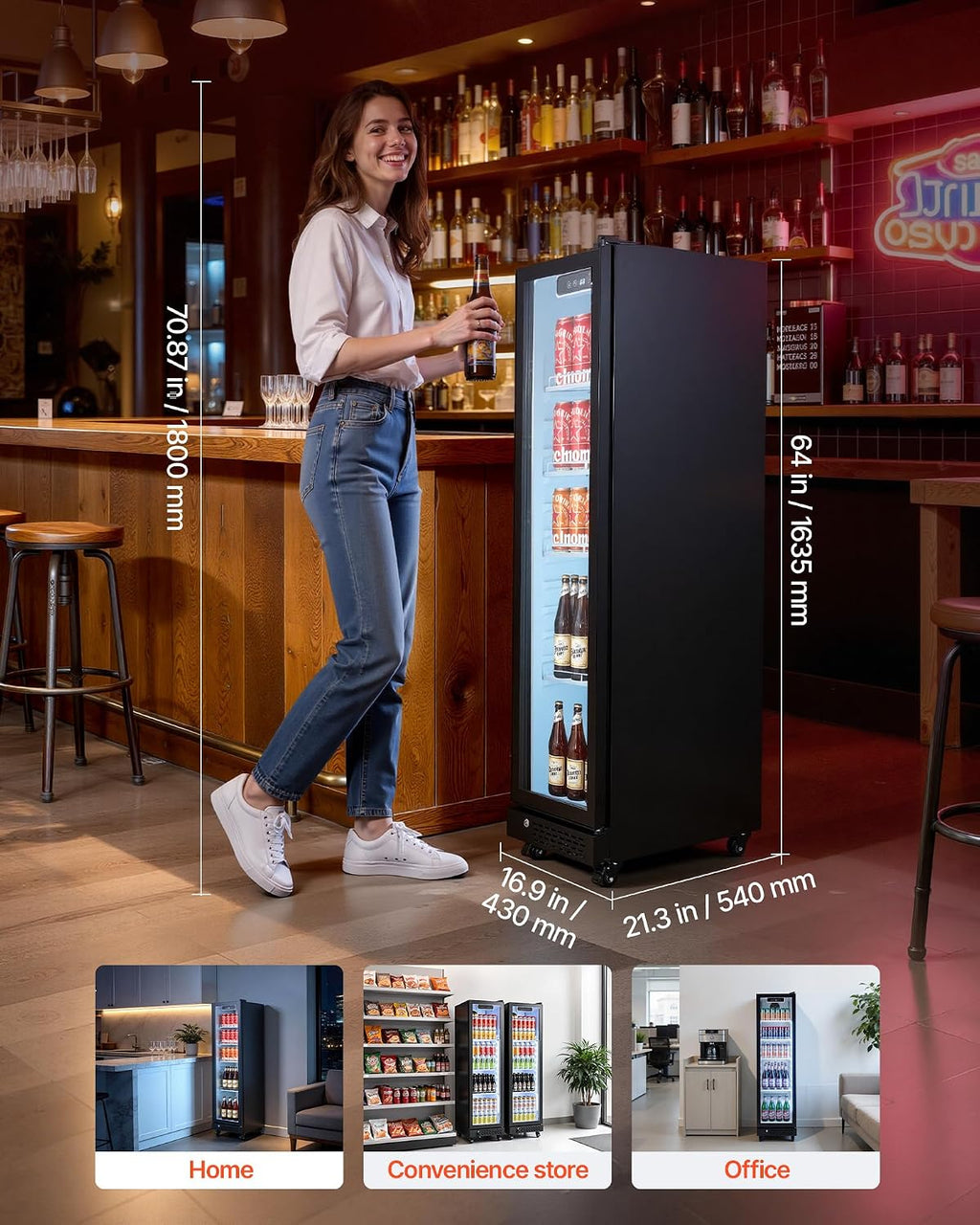 VEVOR Commercial Merchandiser Refrigerator, 6.9 Cu.Ft / 195L Glass Door Display Refrigerator, Upright Beverage Cooler Fridge with 4 Adjustable Shelves, Soft LED Light & Casters for Homes Shops Bars