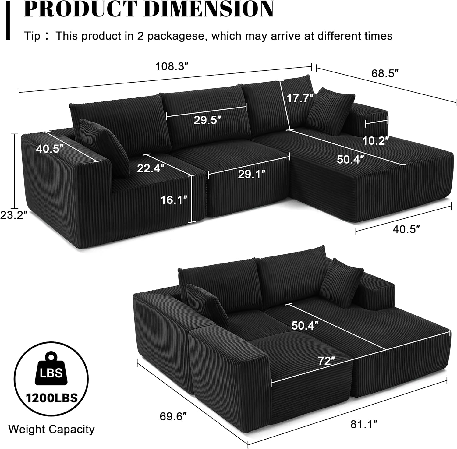 Weture 108' Modular Sectional Sofa, Cloud Sectional Couch with Deep Seat, Upholstered Boneless Couches for Living Room Bedroom, Modern Modular L-Shape Sofa with Chaise (Black, Corduroy)