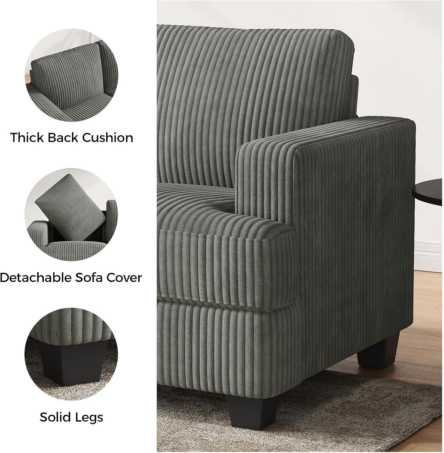 COPIAE 89 Inch Sofa with Extra Deep Seats Oversize, 3 Seater Sofa for Living Room, Modern Couch and Sofa, Comfy Armrests and Seats and Backrests, Easy Installation,Wide Corduroy Fabric Dark Grey