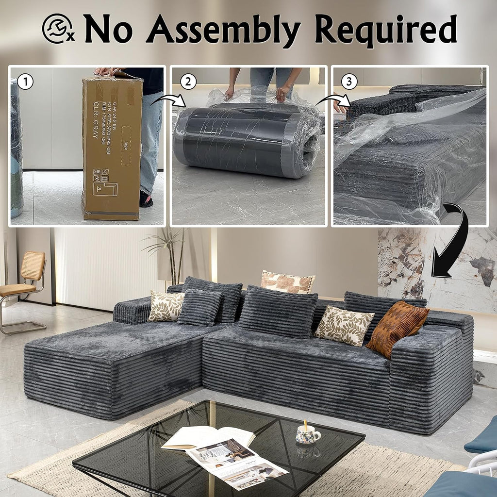 Sectional Couches for Living Room Corduroy Couch, 104' Cloud Boneless Couch with L-Shape Chaise, Modern Modular Sofa, Deep Seat Comfort, No Assembly Required(Plush Corduroy, Left Facing Chaise)