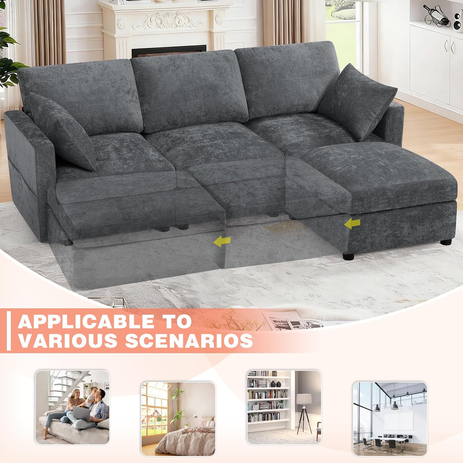 84' Chenille 3-Seats Sofa W/Movable Ottoman, Modern Fabric L-Shaped Couch w/Soft Backrests, Upholstered Sectional Sofa w/Arm Pillows for Living Room, Office, Grey