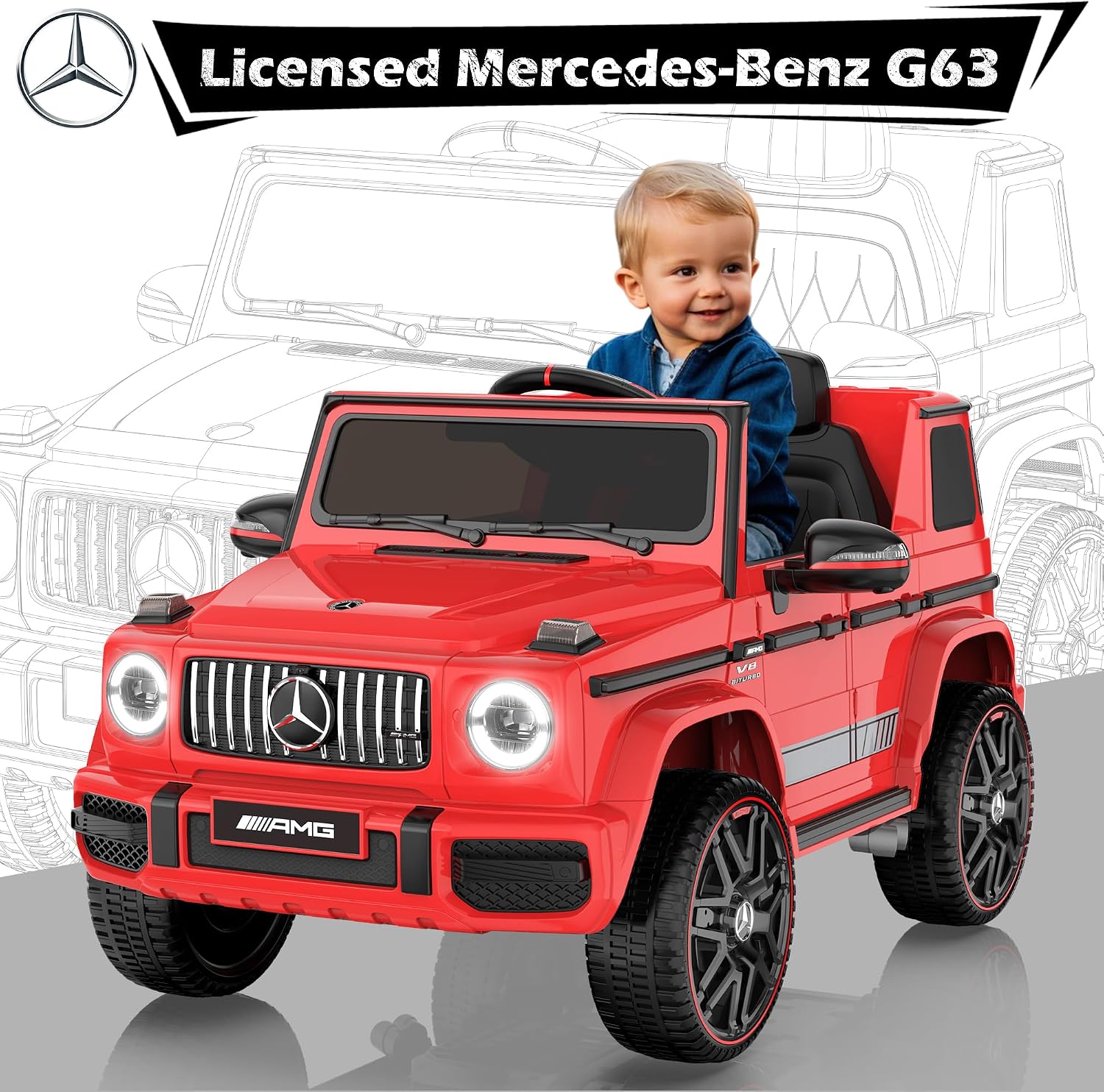 ANPABO Licensed Mercedes-Benz G63 Car for Kids, 12V Ride on Car w/Parent Remote Control, LED Headlights, Music Player/Bluetooth & Horn, Soft Start, Low Battery Prompt, Kids Electric Car, Red