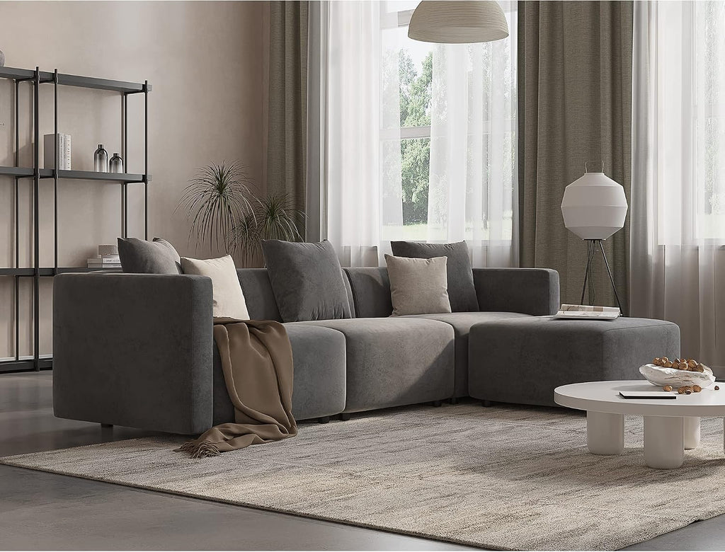 Acanva Luxury L-Shaped Upholstery Convertible Modular Sectional Sofa, Contemporary Reversible Couch with Chaise Lounge for Living Room, Apartment, 4 Piece Set, Suedette Dark Grey