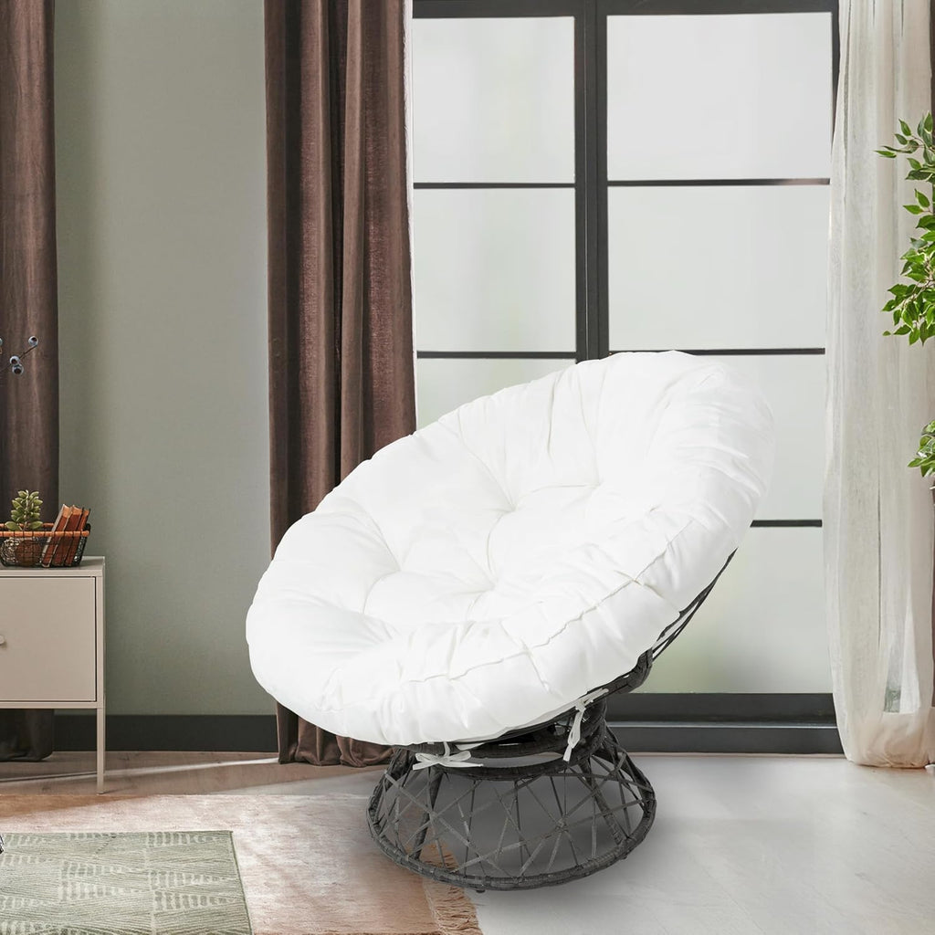Naomi Home 40' Papasan Chair Indoor with Cushion and Frame – Round Wicker Papasan Chair with Thick Tufted Cushion, Sturdy Metal Base, Large Reading Chair for Bedroom & Living Room, White