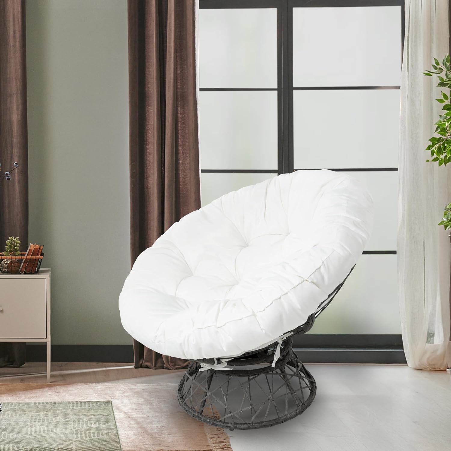Naomi Home 40' Papasan Chair Indoor with Cushion and Frame – Round Wicker Papasan Chair with Thick Tufted Cushion, Sturdy Metal Base, Large Reading Chair for Bedroom & Living Room, White