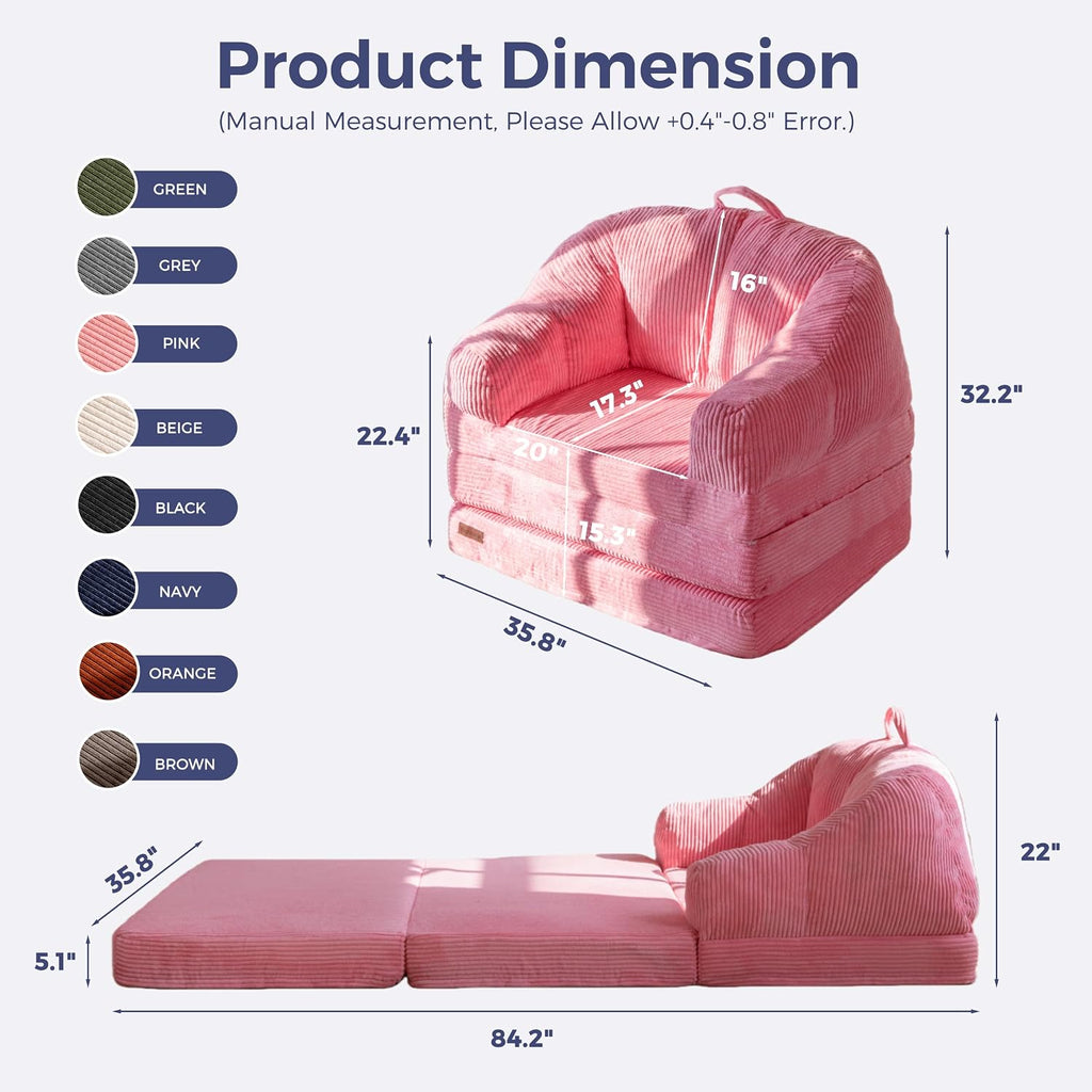 MAXYOYO Folding Sofa Bed with Backrest, Boneless Fold Out Couch Bed with Handle, 2 in 1 Convertible Bean Bag Chair to Floor Sofa Lounger, Comfy Folding Couch for Bedroom & Living Room, Pink