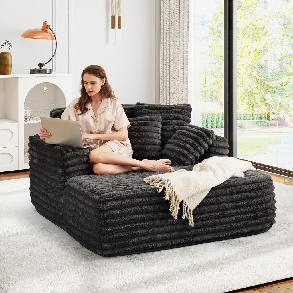 JEEOHEY 56' Oversized Chaise Lounge Chair Indoor,Plush Faux Fur Sleeper Sofa Couch Bed with Pillows&Wide Armrests,Fluffy Comfy Cloud Couch,Compression Foam Couch for Living Room,Bedroom(Black)