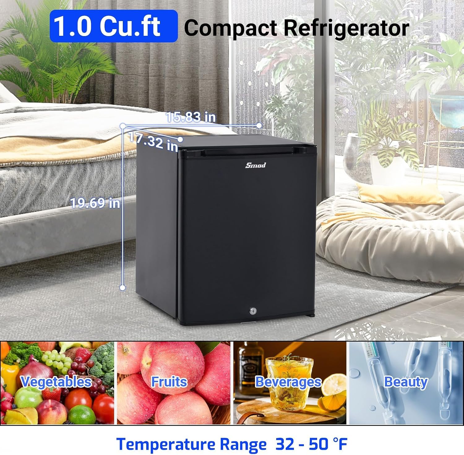 Smad Mini Fridge with Lock and Key 1.0 cu.ft, 12V RV Refrigerator 12V / 110V Super Quiet 12V Fridge Reversible Door Absorption Refrigerator for RV, Truck, Camping, Boat Use, Black