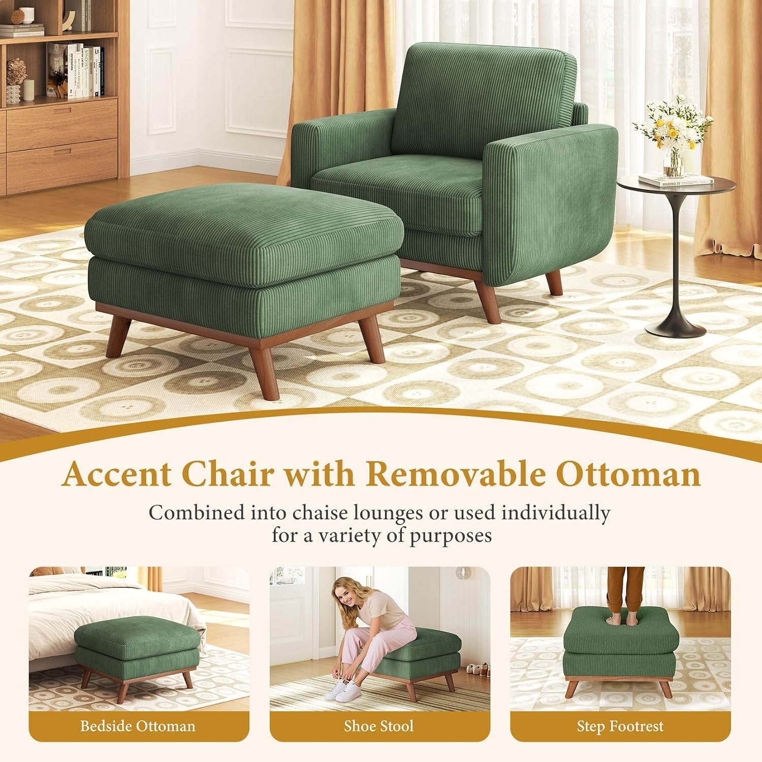 Vesgantti 38.5' Accent Chair with Movable Ottoman, Comfy Corduroy Armchair with Spring Cushion, Reading Chair with Ottoman, Modern Single Sofa for Living Room, Bedroom and Apartment, Green