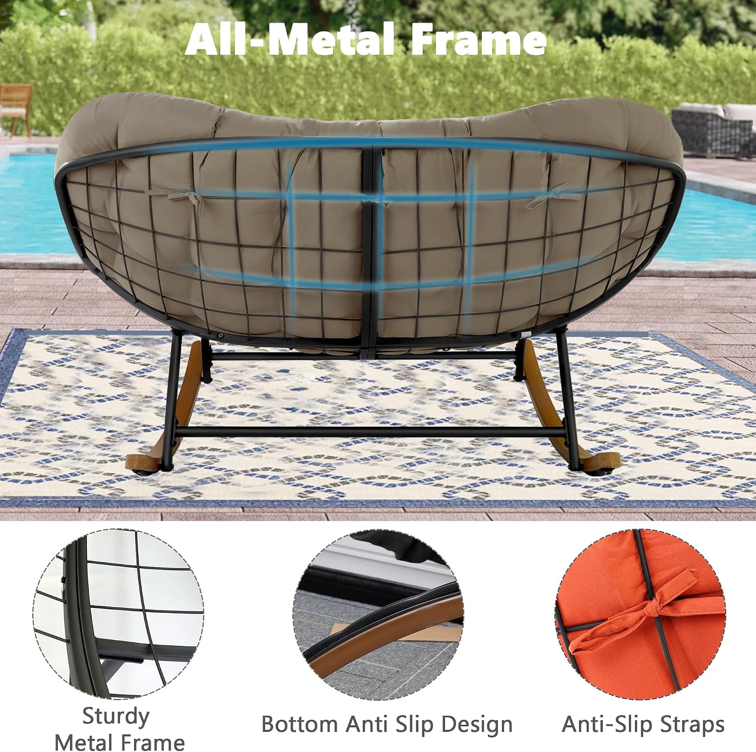 Double Outdoor Papasan Rocking Chair, Oversized Papasan Loveseat with 6' Weatherproof Cushion & PE Rattan Frame, All-Weather Patio Furniture for 2 Adults,Khaki