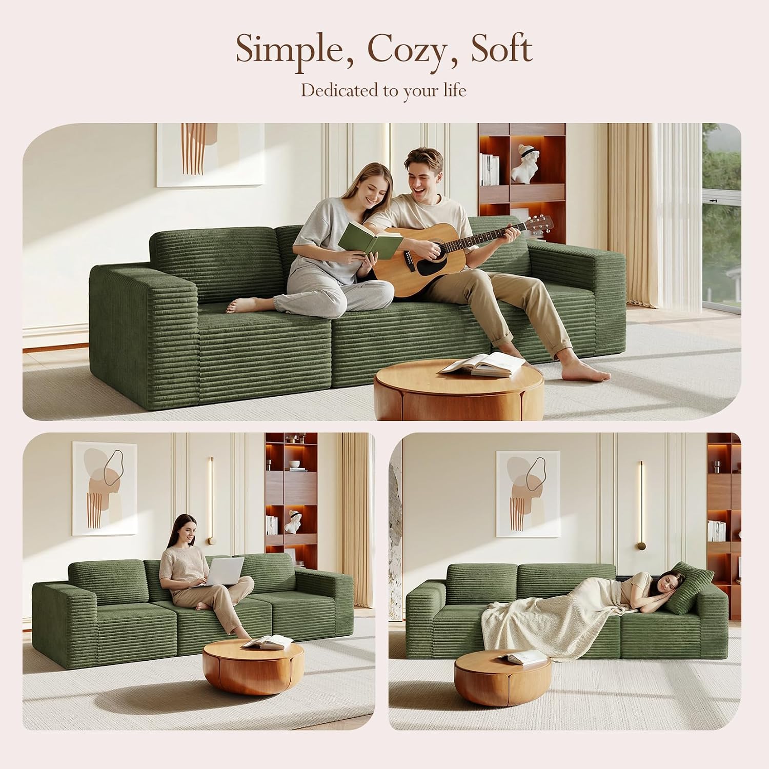 Vesgantti 119' Modular Sectional Sofa, Corduroy Cloud Couch with Deep Seating & Spring Support, 3 Seater Flexible Layout Sofa, Boneless Couch for Living Room & Apartment, No Assembly Required, Green